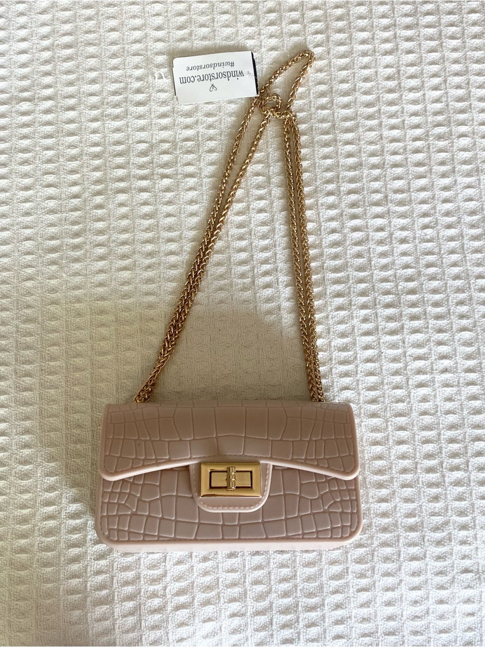 Orchid Love blush rubber mini shoulder bag with gold strap